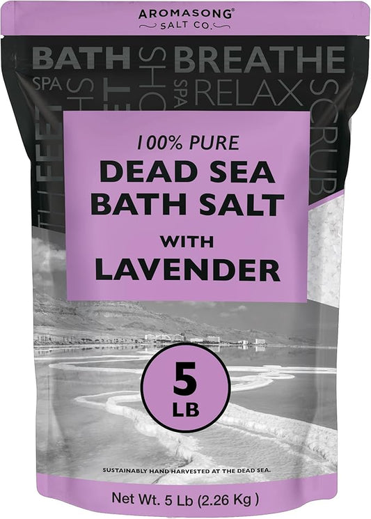 Aromasong Pure Dead Sea Salt for Soaking with 100% Natural Lavender, 5 LB - Spa Bath Salt Fine Grain - Body Wash Scrub - Soak for Women & Men- Bulk Resealable Pack (Packaging May Vary)-Velvo Beauty