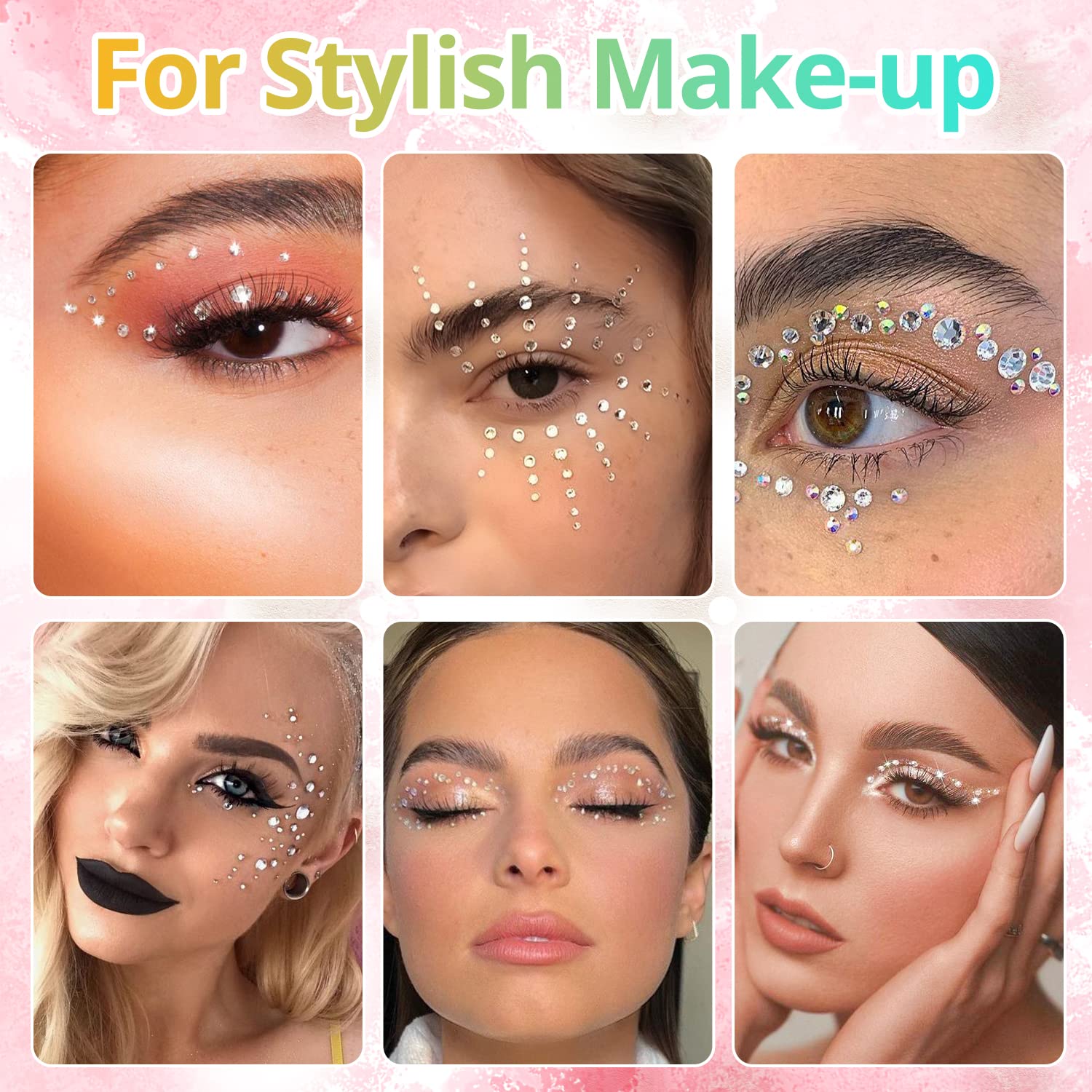 1.5-6mm Round Flatback Face Gems Kit (Clear) for Makeup with Quick Dry Glue + Brush + Tweezer, Nail Art Rhinestones Transparent White Glass Crystal Beads for Make-up Deco-Velvo Beauty