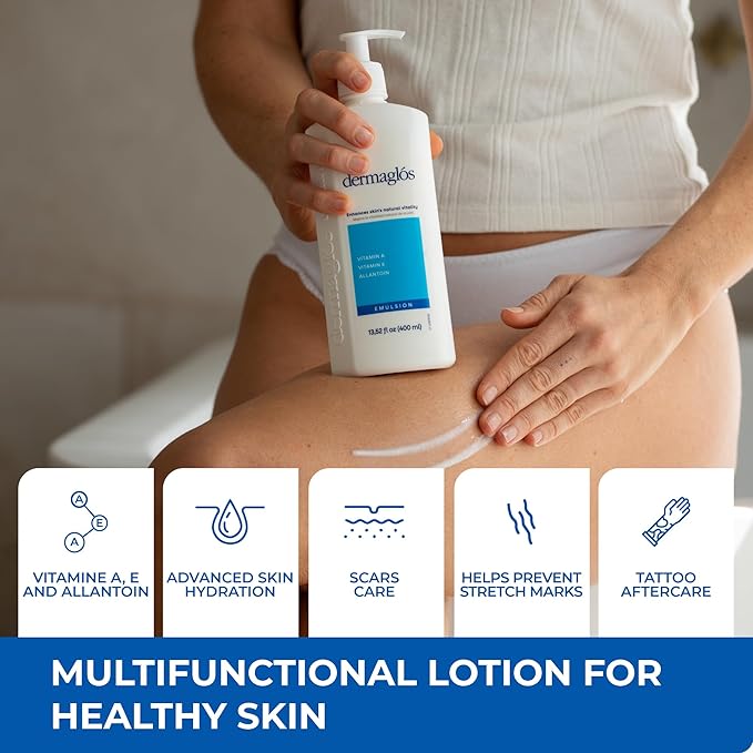 Dermaglos Moisturizing Body Lotion for Dry Skin with Extra Vitamin A, Vitamin E & Allantoin | Regenerating Lightweight Moisturizer for Stretch Marks, Tattoos Aftercare, Scars & Wrinkles | 13.52 Fl Oz-Velvo Beauty