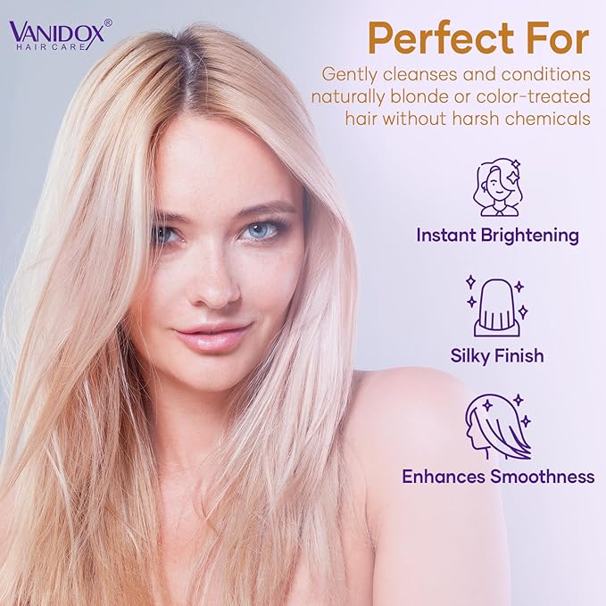 Sulfate Free Brass Toning Purple Shampoo and Conditioner Set for Blondes, Brown Highlighted, or Bleached Hair, Shampoo for Blondes Infused with Purple Rice Extract (16 fl oz each)-Velvo Beauty