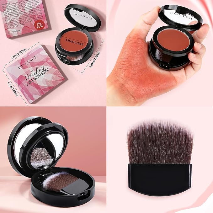 DE'LANCI Flushed Blusher, Glow Finish Korean Blush Natural Looking, Face Cream Blush with Brush Mirror, Long Last Lightweight Blushing for Cheek and Lip Tint,Waterproof Breathable,Tacl Free (RUST 04#)-Velvo Beauty