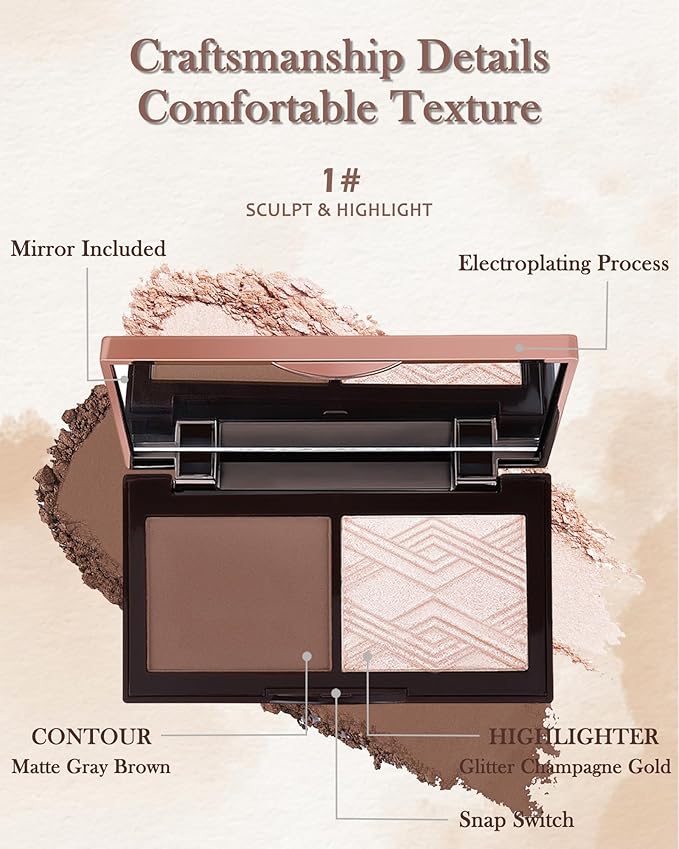 Face Contour Glitter Highlighter Powder Palette-2 in 1 Cruelty-Free Matte Bronzer Powder,Shimmer Illuminator Highlighters for a Glowing Look,Blendable Makeup Palette,Valentine's Day Gift for Women-01-Velvo Beauty