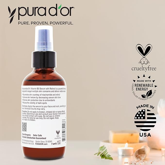 PURA D'OR 3.3 Oz B3 Niacinamide Advanced Facial Serum - Skin Care Formula with Retinol For Wrinkles, Hydration & Radiant Complexion - All Skin Types, Hypoallergenic - Women & Men-Velvo Beauty