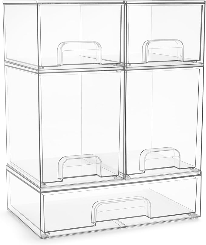 Sorbus Acrylic Storage Containers - 5 Pack, Stackable Storage Bins Set for Bathroom Organization - Clear Acrylic Drawer Organizers - Makeup Case Pull-Out Drawers (7.6’’ and 4.4’’ Tall and 12.1’’ Wide)-Velvo Beauty