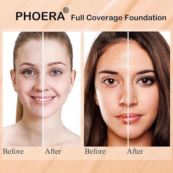 PHOERA Foundation Makeup for Wome Full Coverage Foundation Set,Face Primer Foundation Brush Powder Brush,5 Makeup Sponge,30ml PHOERA 24HR Matte Oil Control Concealer (110-Truffle)-Velvo Beauty