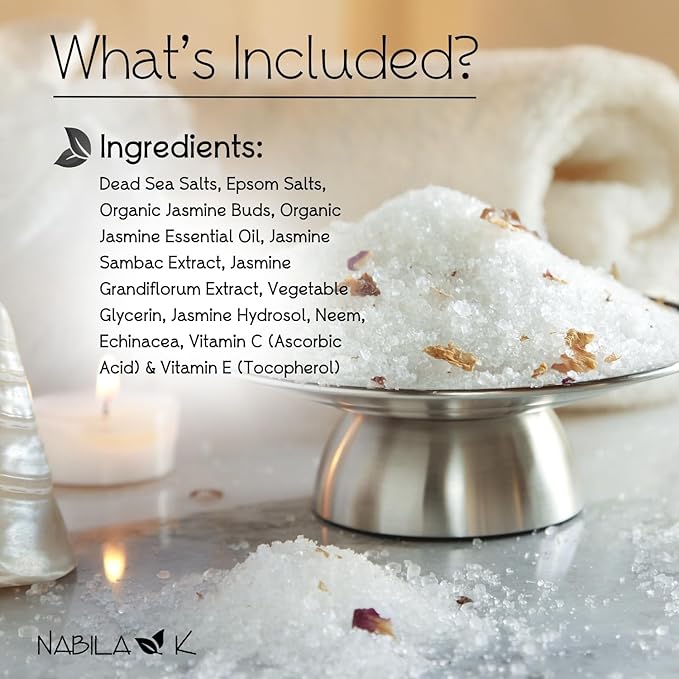 Organic Jasmine Bath Salts by Nabila K - Dead Sea Salt & Epsom Salt Scrub & Soak - Exfoliates & Hydrates Skin, Botanical Essential Oils - Bubble Bath Accessories for All Skins Types, 2 oz-Velvo Beauty