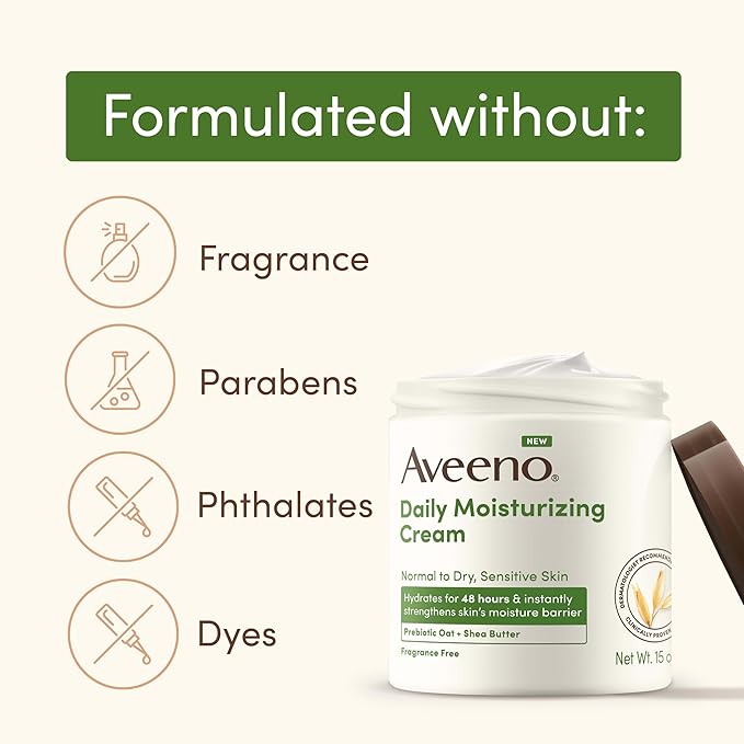 Aveeno Daily Moisturizing Cream with Prebiotic Oat & Shea Butter for Body, Face & Hands Moisturizer Cream, Hydrates Normal to Dry, Sensitive Skin, Fragrance Free, Non-Comedogenic, 20 oz-Velvo Beauty
