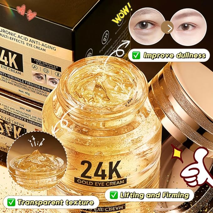 24K Gold Hyaluronic Acid Anti-Aging Multi-Effects Eye Cream - For Dark Circles & Fine Lines - With Hyaluronic Acid & Ingredient Gold, 1.4 Oz-Velvo Beauty