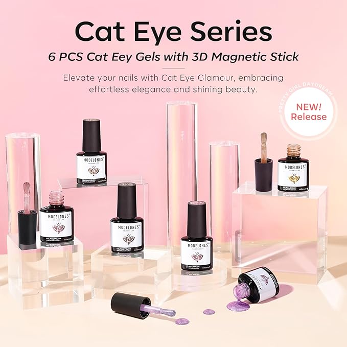 modelones Cat Eye Gel Nail Polish 6 Colors Nude Pink Brown Purple Cat Eye Nail Polish Glitter Semi-transparent Holographic 9D With Magnet Pastel All Seasons Soak Off Led Nail Art DIY Salon Gifts-Velvo Beauty