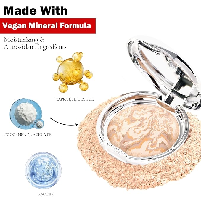 Marbleized Baked Foundation Makeup, Balance and Brighten Color Correcting Powder Foundation - Buildable Light to Medium Coverage - Demi-Matte Natural Finish (#001 FAIR, 0.32 Oz)-Velvo Beauty