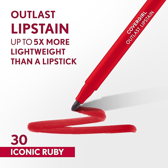 COVERGIRL Outlast, 30 Iconic Ruby, Lipstain, Smooth Application, Precise Pen-Like Tip, Transfer-Proof, Satin Stained Finish, Vegan Formula, 0.06oz-Velvo Beauty