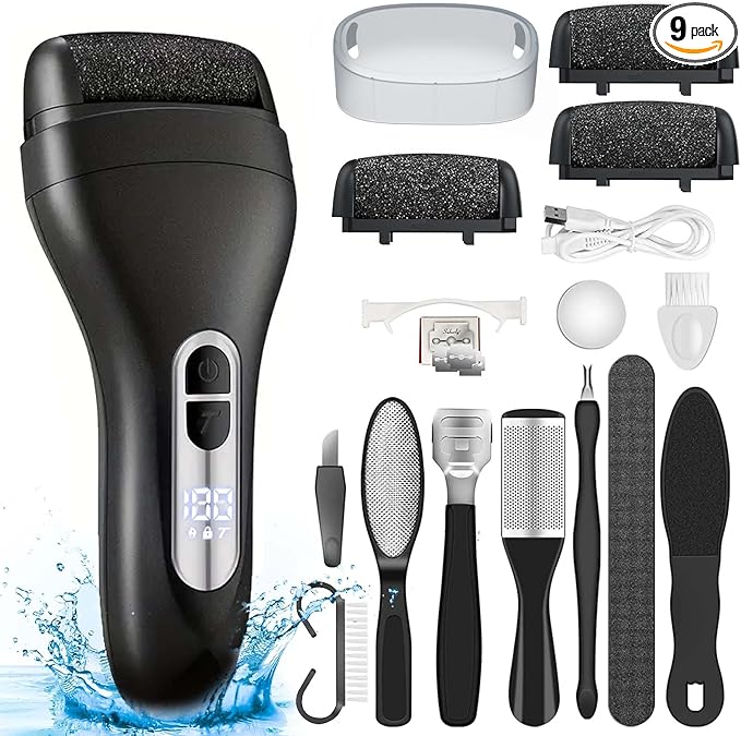 Electric Callus Remover for Feet - with Larger Grinding Head, Portable Pedicure Kit Foot File Callus Remover, Rechargeable Waterproof Foot File for Foot Care Deadskin Remover LCD Display-Black-Velvo Beauty