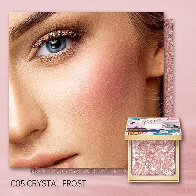 blush for cheek pink coral cheek color makeup powder blusher creamy texture long lasting shimmering glitter highlight 2 in 1 C05 Crystal Frost-Velvo Beauty