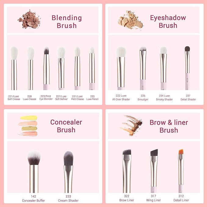 Jessup Eyeshadow Brushes 15pcs, Natural Eye Brush Set for Eyeshadow Blending Concealer Eyebrow Eyeliner, Blushing Bride T294-Velvo Beauty
