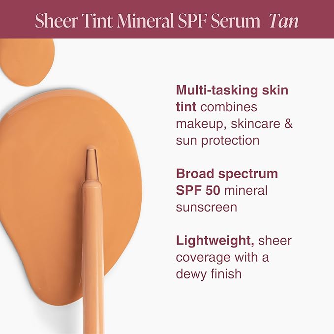 Mineral Fusion Face Serum, Sheer Tint Mineral SPF Serum, 1 Fl Oz, Tan, Tinted Broad Spectrum SPF 50 Mineral Sunscreen, Sheer Coverage, Lightweight & Dewy Finish for Glowing, Protected Skin-Velvo Beauty