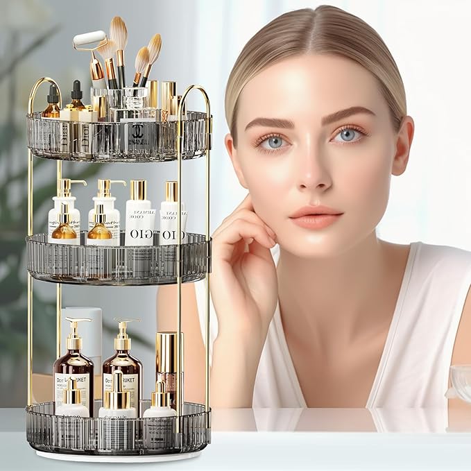 360° Rotating Makeup Organizer, Large-Capacity Skincare Make Up Storage 3 Tier Perfume Organizers Cosmetic Dresser Organizer with Makeup Brush Holder, Fits Bedroom, Bathroom, Vanity Shelf Countertop-Velvo Beauty