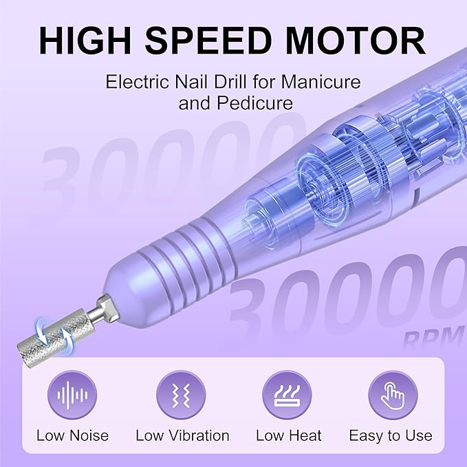 Professional Electric Nail Drill File:COSYGLOW Glitter Portable Cordless E-File Nail Drill Kit with 11 Drill Bits,30000 RPM Rechargeable Nail Drills Machine for Acrylic Nails Gel Polishing(Purple)-Velvo Beauty