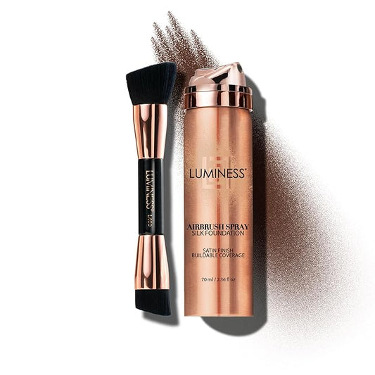 LUMINESS Silk Airbrush Spray Foundation & Buffing Brush Kit – Full Coverage Foundation & Dual-Sided Buffing Brush - Buildable Coverage, Anti-Aging Formula Hydrates & Moisturizes (Shade - Rich Dark)-Velvo Beauty
