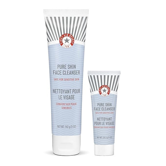 First Aid Beauty - Pure Skin Face Cleanser, Effectively Removes Makeup, Dirt, & Impurities, Gentle Cleanser Leaves Skin Soft & Supple, Safe for Sensitive Skin, Fragrance Free, 5 oz + Travel Size, 2ct-Velvo Beauty