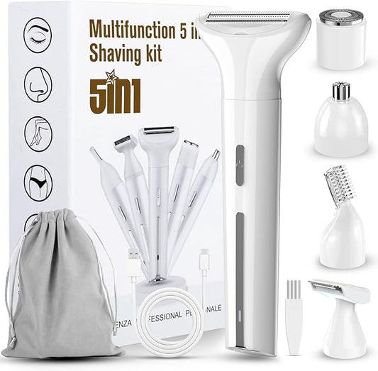 2025 New Bikini Trimmer for Women - 5 in 1 Wet/Dry Electric Razor for Women, Rechargeable Electric Shaver, IPX7 Waterproof Hair Remover for Face Nose Eyebrow Leg Pubic Armpit (White)-Velvo Beauty
