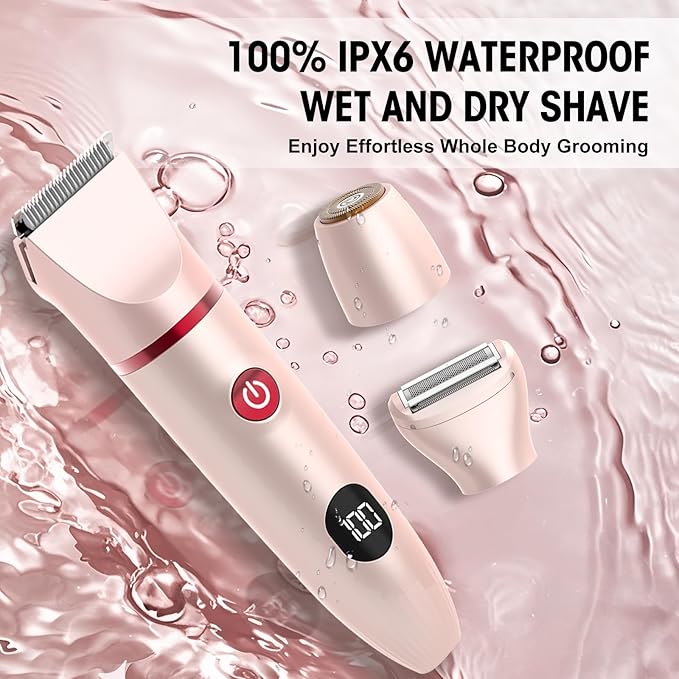 Bikini Trimmer for Women- 3 in 1 Painless Electric Razors for Women,Waterproof Pubic Hair Trimmer and Facial Hair Remover,LCD Display Body Shaver for Trip,Rechargeable Women's Grooming Kit-Velvo Beauty