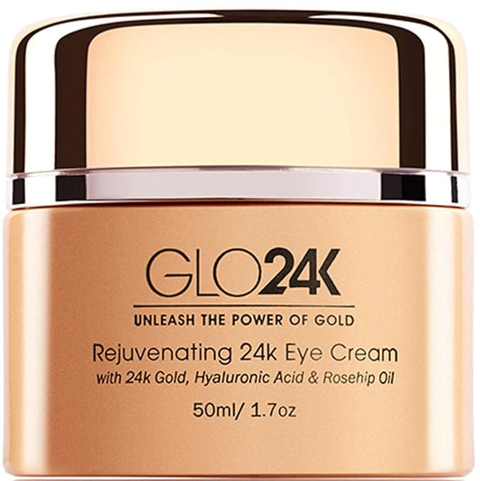 GLO24K Eye Cream with 24k Gold, Hyaluronic Acid, Rosehip Oil, and Vitamins. Minimizes wrinkles and fine-lines around the eyes-Velvo Beauty