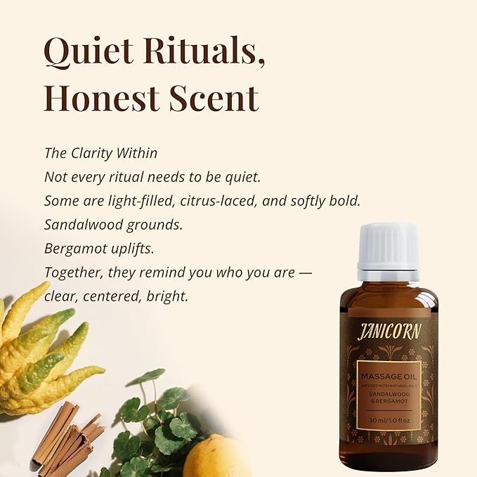 Sandalwood & Bergamot Botanical Massage Oil – Lightweight Body Oil with Jojoba & Almond – Wood & Citrus Aroma for Deep Massage, Fascia Release & Self-Care, 30ml (1.0 fl oz)-Velvo Beauty