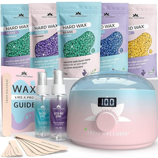 Tress Wellness Waxing Kit for Sensitive Skin – Safe for Face & Skin, Prep & Aftercare Spray, Easy to Use – At-Home Kit for Face, Bikini, Brazilian & Full Body - Digital Display, Pink to Teal-Velvo Beauty