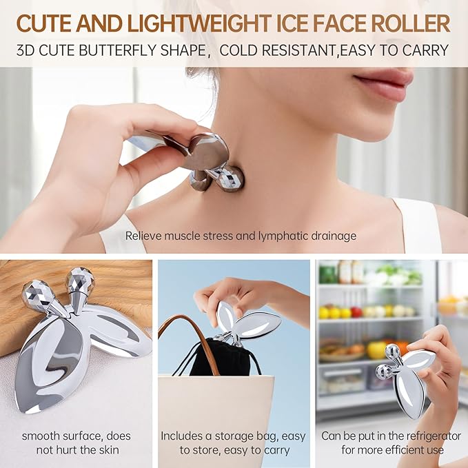 Ice Face Roller-3D Butterfly roller for Women,Stainless Steel Gua Sha Facial Massager Tool for Skin Tightening,2-in-1 Body Gua Sha Massager Tool for Muscle Ache&Lymphatic Drainage,Butterfly Decoration-Velvo Beauty