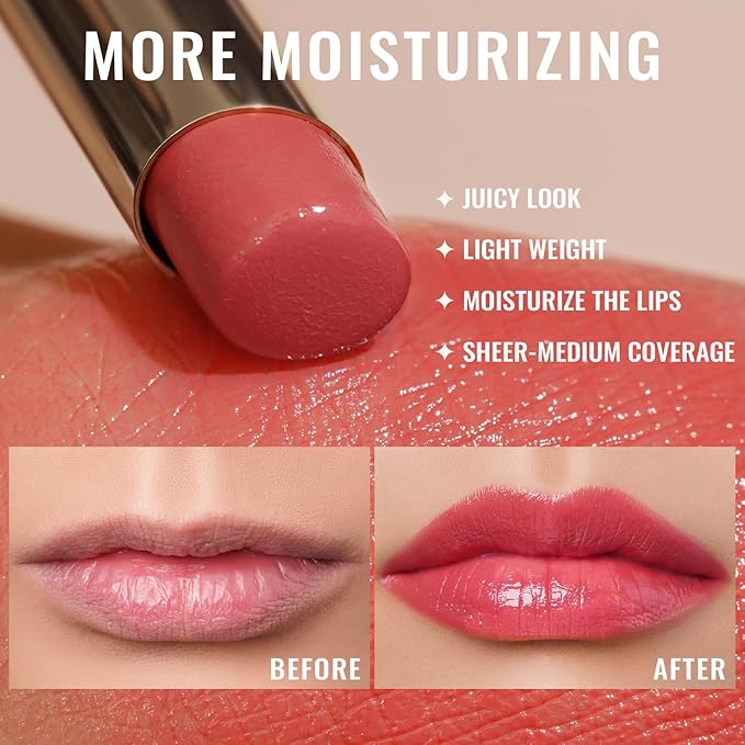 Oulac Coral Peach Red Lipstick for Women - Moisturizing Lip Stick Red, Glossy Tinted Lip Balm, Sheer Shine Juicy Finish, Lightweight and Hydrating Formula for Dry Lip Care, Vegan 2.2g/0.07oz (04)-Velvo Beauty