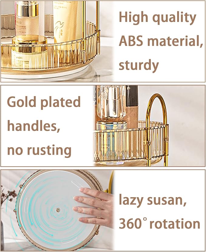 Rotating Makeup Organizer for Vanity, High-Capacity Skincare Clear Make Up Storage Perfume Organizers Cosmetic Dresser Organizer Countertop 360 Spinning (Gold, 3 Tier)-Velvo Beauty