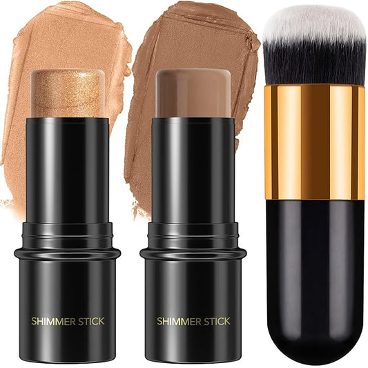 2Pcs Cream Contour Stick Makeup Kit, Cream Highlighter Stick and Bronzer Contour Stick with Longwear Waterproof Formula for Brightening and Trimming the Cheeks, Makeup Brush Include (#05, 10)-Velvo Beauty