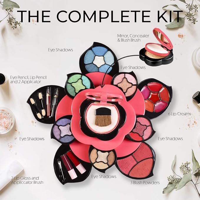 Toysical Makeup Kit for Teens - Flower Makeup Palette Gift Set for Teen Girls and Women - Makeup for Girls 10-12 - Petals Expand to 3 Tiers - Variety Shade Array - Full Starter Kit for Beginners-Velvo Beauty