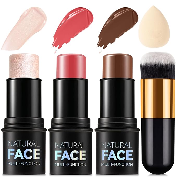 3 Pcs Contour Stick, Highlighter Stick, Blush Stick, Cream Contour Kit with Contour Brush, Create Face Contour, Non-greasy, Waterproof Long-lasting Effect for Women (2+5+6,LIGHT MEDIUM)-Velvo Beauty