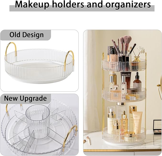 Rotating Makeup Organizer for Vanity, High-Capacity Skincare Clear Make Up Storage Perfume Organizers Cosmetic Dresser Organizer Countertop 360 Spinning (Clear, New-3 Tier)-Velvo Beauty