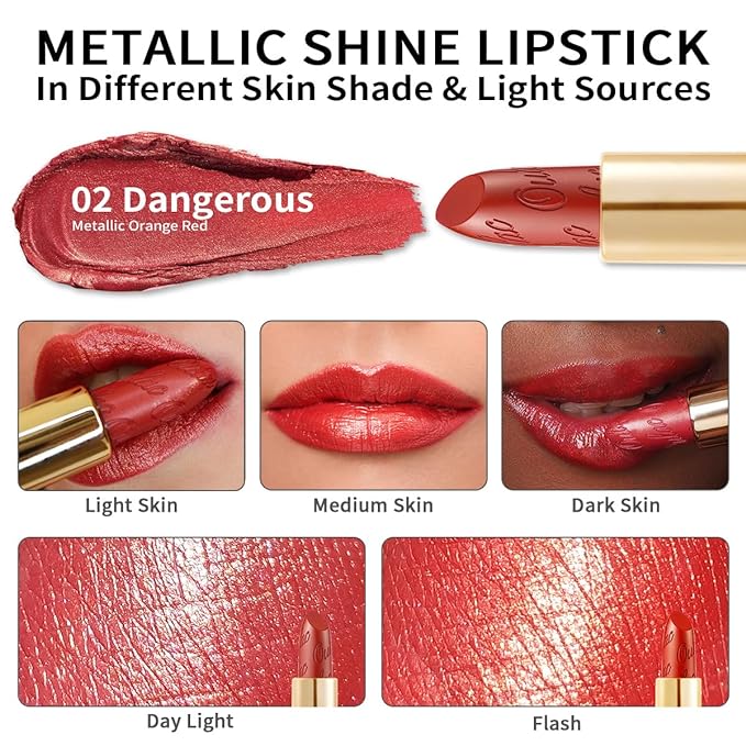 Oulac Orange Red Lipstick for Women with Metallic 3D Shine Lightweight Hydrating Formula, High Impact Lip Color, Vegan Beauty, Full Coverage Lip Makeup, Christmas Gifts for Women, Dangerous(02)-Velvo Beauty