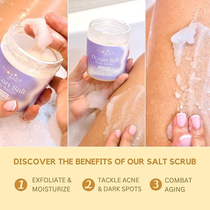 Sea Salt Body Scrub by Florida Suncare - Ocean Salt Body Polish Infused with Marine Algae - Exfoliating Face and Body Scrub - Facial Scrub Exfoliator to Tackle Acne and Scars (Yuzu, 12.1 oz)-Velvo Beauty