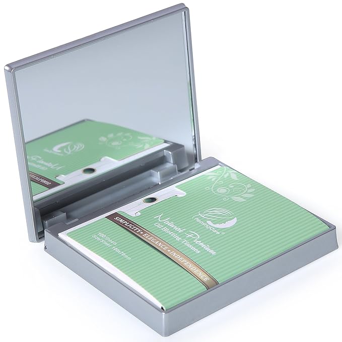 Makeup Mirror with Facial Oil Blotting Paper Sheets – Green Tea 100 Counts, Silver Compact Folding Cosmetic Travel Mirror-Velvo Beauty
