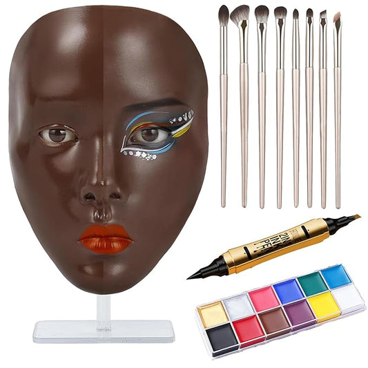 5D Makeup Practice Face Board, Makeup Practice Accessories Set with Face Painting Mannequin Head, Makeup Brushes, Face Painting and 2-in-1 Dual-Ended Eyebrow Pen, Makeup Practice Gift, Dark Brown-Velvo Beauty