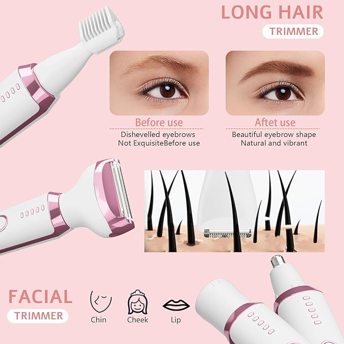 Electric Razor Shavers for Women 5 in 1 Electric Shaver for Women,Cordless Replaceable Facial Eyebrow Razors & Nose Hair Trimmer, Wet Dry Bikini Trimmer Pubic Hair Removal Gifts for Womens 3028A White-Velvo Beauty