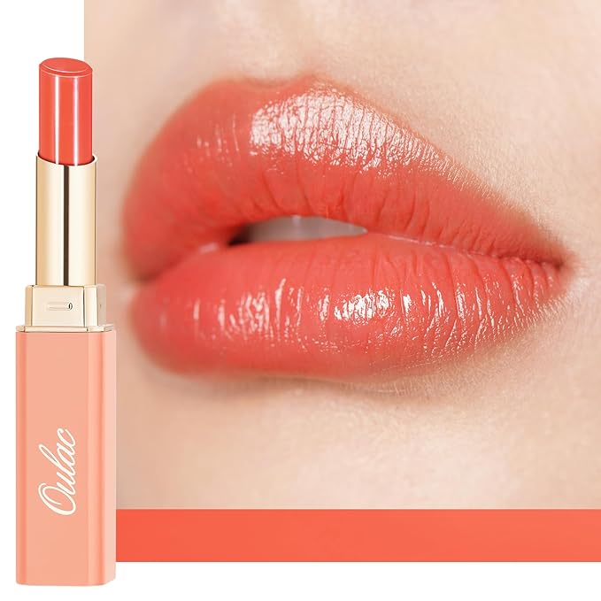 Oulac Moisturizing Shine Orange Red Lipstick for Women - 2 in 1 Orange Red Glossy Tinted Lip Balm, Hydrating Winter Lipstick for Dry Lips,Shine Juicy Finish Vegan 2.2g/0.07oz (12)-Velvo Beauty