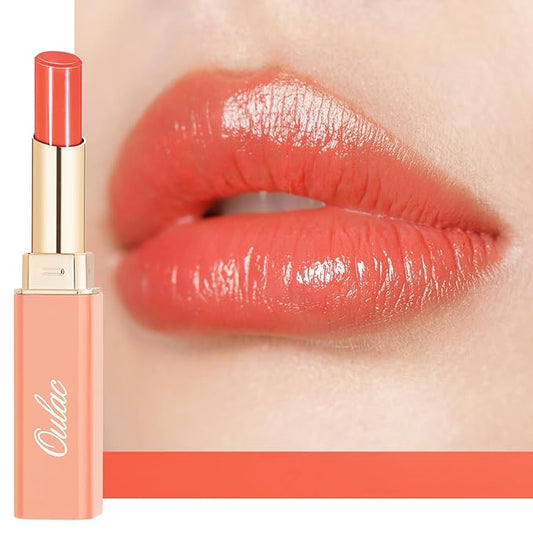 Oulac Moisturizing Shine Orange Red Lipstick for Women - 2 in 1 Orange Red Glossy Tinted Lip Balm, Hydrating Winter Lipstick for Dry Lips,Shine Juicy Finish Vegan 2.2g/0.07oz (12)-Velvo Beauty