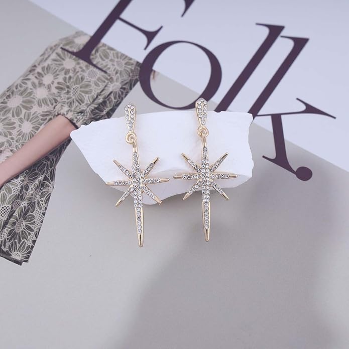Vintage Crystal Northstar Dangle Earrings Rhinestone Northstar Studs Earrings Gold Cz Star Drop Earrings Sparkly Cz Starburst Earrings Jewelry for Women-Velvo Beauty