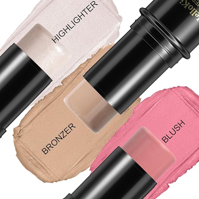 3 Pcs Face Contour Stick Kit, Matte Finish Face Stick Trio with Bronzer Blush Highlighter and Brush, Long Lasting Waterproof Cream Beauty Wand Makeup Set for Sculpt Glowing Face Look (#1, 8, 13)-Velvo Beauty