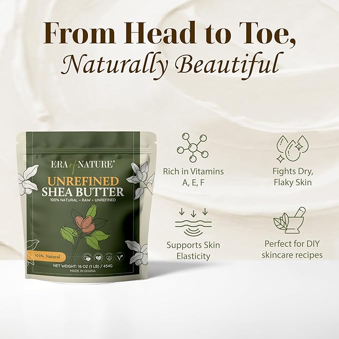 era of nature Organic Unrefined Raw African Ivory White Shea Butter 16oz - Moisturizing Raw Shea Butter Bar for Skin & Hair, DIY Lip Balm Base, Cream, Soap & Lotion Making Supplies Kit, Skincare-Velvo Beauty