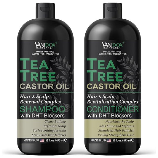 Tea Tree Oil Shampoo and Conditioner Set with Castor Oil, DHT Blockers, Itchy Scalp Relief, Supports Fuller Hair, Cleanses Dandruff & Buildup, For Men & Women, Made in USA, 16 fl oz Each-Velvo Beauty
