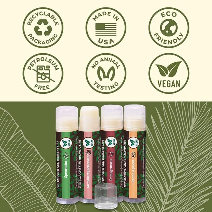 Vegan Lip Balm by Earth’s Daughter, Beeswax Free Lip Balm, Natural, Organic Flavors - 4 Pack of Assorted Flavors, Plant Based Vegan Chapstick, Lip Moisturizer-Velvo Beauty
