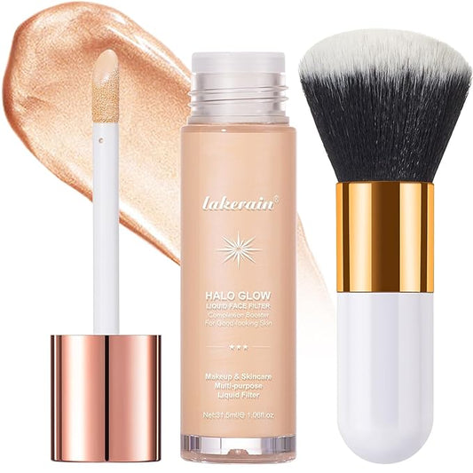 Natural Glow Liquid Filter Makeup, Longwear Face Luminizer, Complexion Booster For Any Part of the Body, Liquid Highlighter with Brush Kit, Infused Hyaluronic Acid, 1.06 fl oz (#01 FAIR)-Velvo Beauty