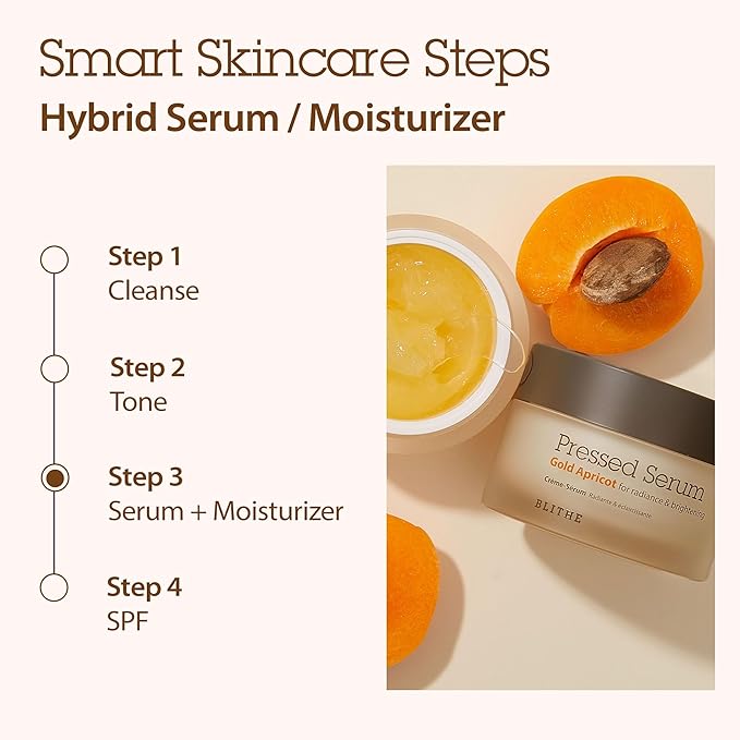 BLITHE Pressed Serum Glass Skin Korean Skincare 31.27% Apricot Extract & Niacinamide for Natural Glow, Hybride Serum & Moisturizer 0.91 fl oz-Velvo Beauty