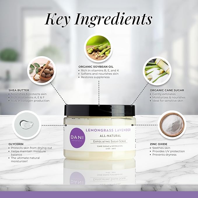 Naturals Sugar Scrub - Exfoliating Lemongrass Lavender with organic cane sugar and shea butter gently exfoliates and hydrates, leaving skin smooth and refreshed. 14 oz-Velvo Beauty